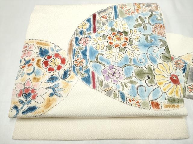 平和屋着物●九寸名古屋帯　作家物　絵皿花文　鬼しぼ縮緬　正絹　逸品　CABK5603hy