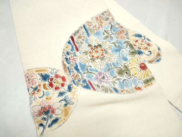 平和屋着物●九寸名古屋帯　作家物　絵皿花文　鬼しぼ縮緬　正絹　逸品　CABK5603hy