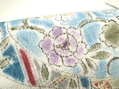 平和屋着物●九寸名古屋帯　作家物　絵皿花文　鬼しぼ縮緬　正絹　逸品　CABK5603hy