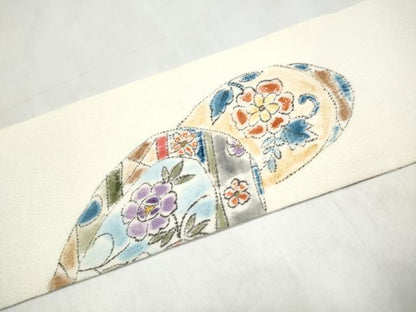 平和屋着物●九寸名古屋帯　作家物　絵皿花文　鬼しぼ縮緬　正絹　逸品　CABK5603hy
