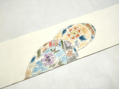 平和屋着物●九寸名古屋帯　作家物　絵皿花文　鬼しぼ縮緬　正絹　逸品　CABK5603hy