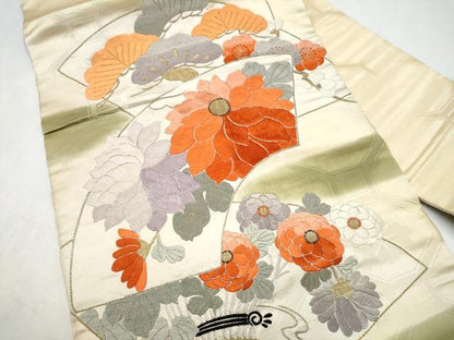 平和屋着物●アンティーク　大正ロマン　九寸名古屋帯　総刺繍　総手刺繍　地紙草花文　金糸　正絹　逸品　CABK5611hy