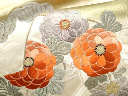 平和屋着物●アンティーク　大正ロマン　九寸名古屋帯　総刺繍　総手刺繍　地紙草花文　金糸　正絹　逸品　CABK5611hy