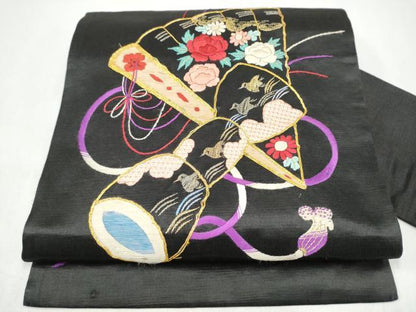 平和屋着物●アンティーク　大正ロマン　九寸名古屋帯　総手刺繍　駒刺繍　檜扇花鳥文　黒地　金銀糸　正絹　逸品　CABK5612hy