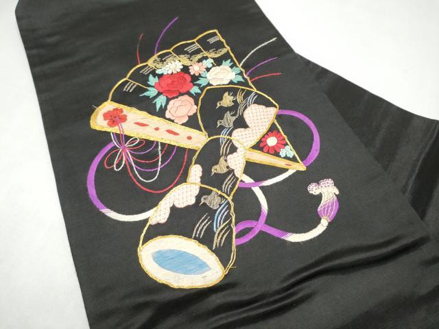 平和屋着物●アンティーク　大正ロマン　九寸名古屋帯　総手刺繍　駒刺繍　檜扇花鳥文　黒地　金銀糸　正絹　逸品　CABK5612hy
