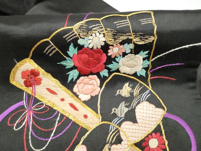 平和屋着物●アンティーク　大正ロマン　九寸名古屋帯　総手刺繍　駒刺繍　檜扇花鳥文　黒地　金銀糸　正絹　逸品　CABK5612hy