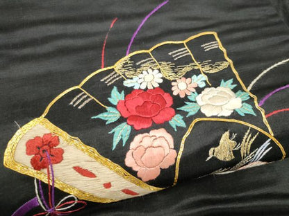 平和屋着物●アンティーク　大正ロマン　九寸名古屋帯　総手刺繍　駒刺繍　檜扇花鳥文　黒地　金銀糸　正絹　逸品　CABK5612hy