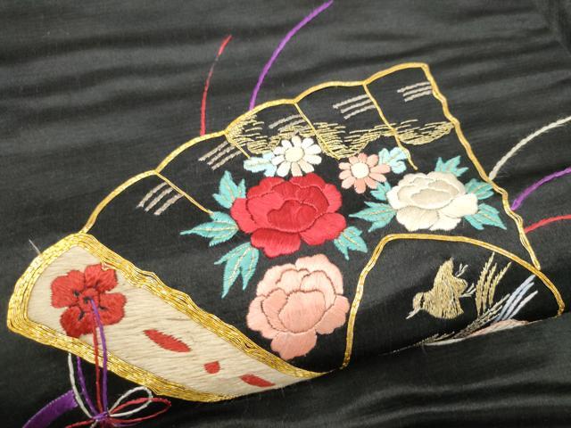 平和屋着物●アンティーク　大正ロマン　九寸名古屋帯　総手刺繍　駒刺繍　檜扇花鳥文　黒地　金銀糸　正絹　逸品　CABK5612hy