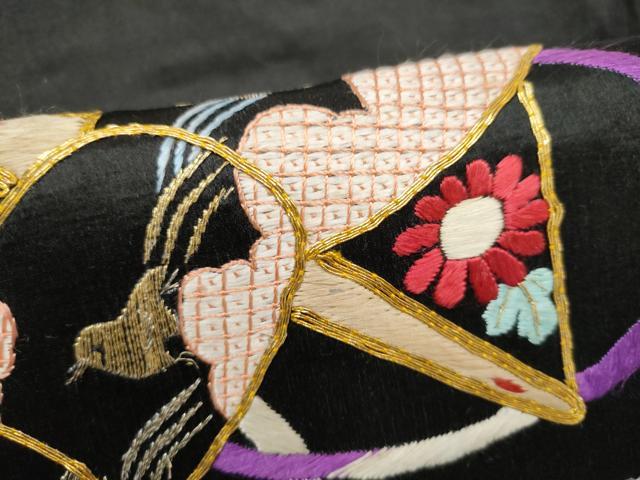 平和屋着物●アンティーク　大正ロマン　九寸名古屋帯　総手刺繍　駒刺繍　檜扇花鳥文　黒地　金銀糸　正絹　逸品　CABK5612hy