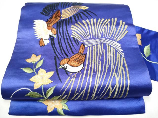平和屋着物●アンティーク　大正ロマン　九寸名古屋帯　総手刺繍　雀　枝花文　金銀糸　正絹　逸品　CABK5613hy
