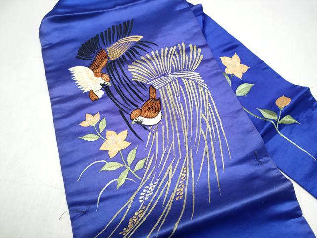 平和屋着物●アンティーク　大正ロマン　九寸名古屋帯　総手刺繍　雀　枝花文　金銀糸　正絹　逸品　CABK5613hy