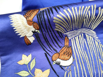 平和屋着物●アンティーク　大正ロマン　九寸名古屋帯　総手刺繍　雀　枝花文　金銀糸　正絹　逸品　CABK5613hy