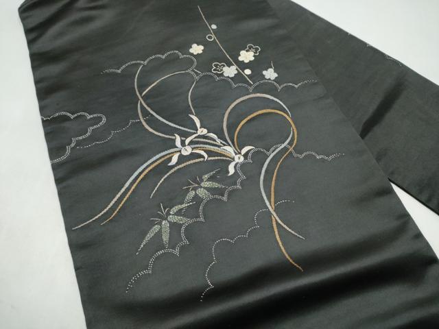 平和屋着物●アンティーク　大正ロマン　九寸名古屋帯　総刺繍　草花文　黒地　正絹　逸品　CABK5614hy