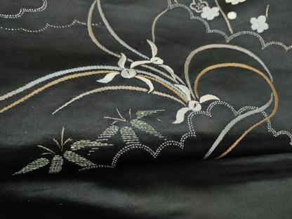 平和屋着物●アンティーク　大正ロマン　九寸名古屋帯　総刺繍　草花文　黒地　正絹　逸品　CABK5614hy