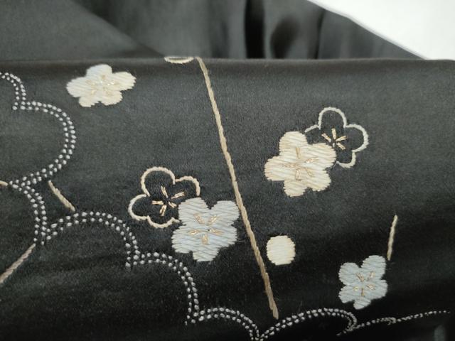 平和屋着物●アンティーク　大正ロマン　九寸名古屋帯　総刺繍　草花文　黒地　正絹　逸品　CABK5614hy