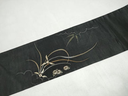 平和屋着物●アンティーク　大正ロマン　九寸名古屋帯　総刺繍　草花文　黒地　正絹　逸品　CABK5614hy