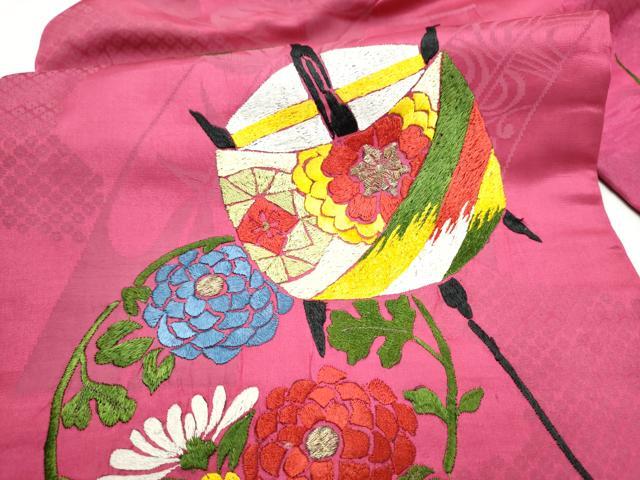 平和屋着物●アンティーク　大正ロマン　九寸名古屋帯　総手刺繍　糸巻き花文　金糸　正絹　逸品　CABK5616hy