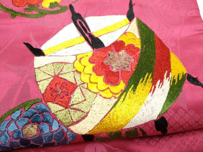平和屋着物●アンティーク　大正ロマン　九寸名古屋帯　総手刺繍　糸巻き花文　金糸　正絹　逸品　CABK5616hy
