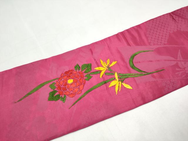 平和屋着物●アンティーク　大正ロマン　九寸名古屋帯　総手刺繍　糸巻き花文　金糸　正絹　逸品　CABK5616hy