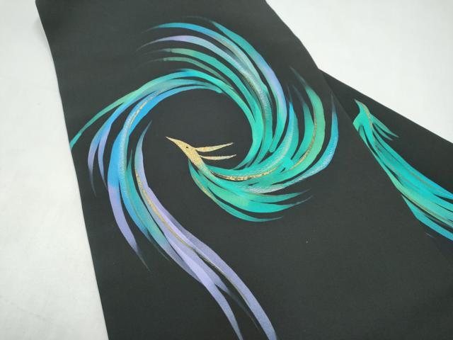 平和屋着物●塩瀬　九寸名古屋帯　魚　黒地　正絹　逸品　CABK5618hy