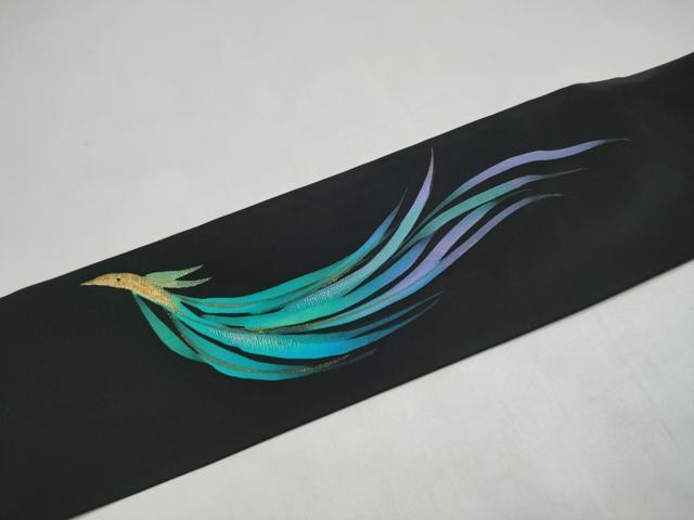 平和屋着物●塩瀬　九寸名古屋帯　魚　黒地　正絹　逸品　CABK5618hy