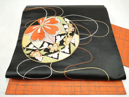 平和屋着物●九寸名古屋帯　総刺繍　駒刺繍　花毬文　金銀糸　正絹　逸品　CABK5619hy
