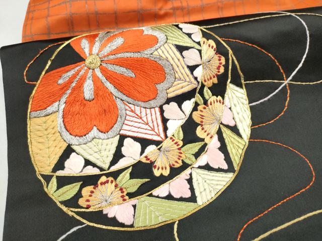 平和屋着物●九寸名古屋帯　総刺繍　駒刺繍　花毬文　金銀糸　正絹　逸品　CABK5619hy
