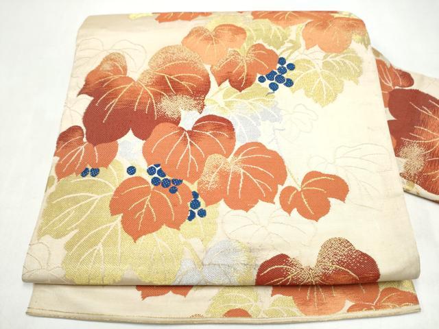 平和屋着物●九寸名古屋帯　葡萄蔦の葉文　金銀糸　正絹　逸品　CABK5620hy