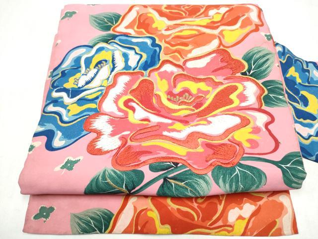 平和屋着物●アンティーク　大正ロマン　九寸名古屋帯　刺繍　枝花文　正絹　逸品　CABK5625hy