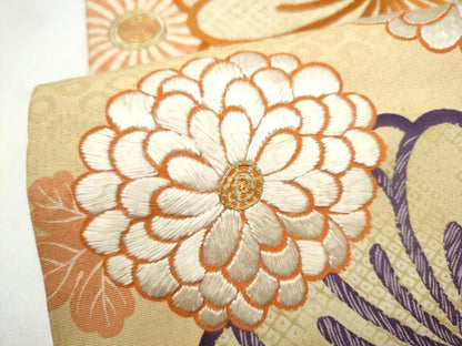 平和屋着物●アンティーク　大正ロマン　丸帯　駒刺繍　舞花文　正絹　逸品　CABK5635hy