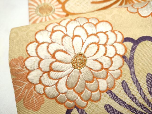 平和屋着物●アンティーク　大正ロマン　丸帯　駒刺繍　舞花文　正絹　逸品　CABK5635hy