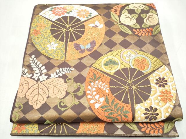 平和屋着物●西陣　河合美術織物謹製　六通柄袋帯　唐織　能衣錦　扇面花蝶文　金糸　正絹　逸品　CABK5646hy