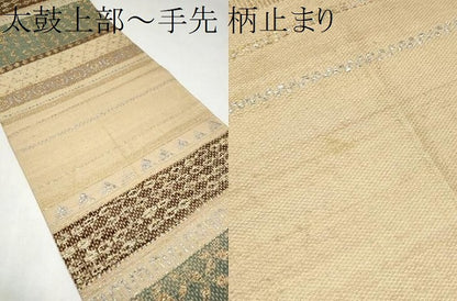 平和屋着物●六通柄袋帯　紬地　幾何学文様　金銀糸　正絹　逸品　CABK5647hy