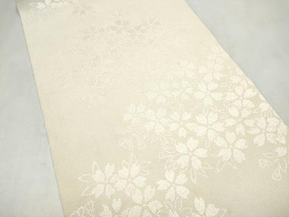 平和屋着物●全通柄袋帯　舞桜文　生成り色　鬼しぼ縮緬　正絹　逸品　CABK5674hy