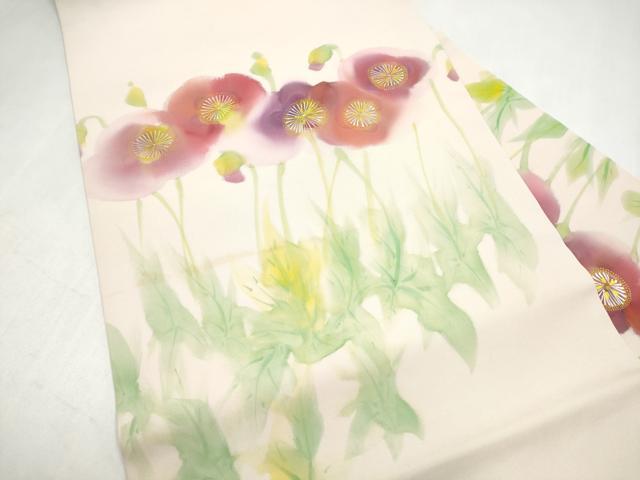 平和屋着物●東京友禅　熊谷好博子　塩瀬　九寸名古屋帯　手描き　草花文　金銀彩　正絹　逸品　CABK5675hy