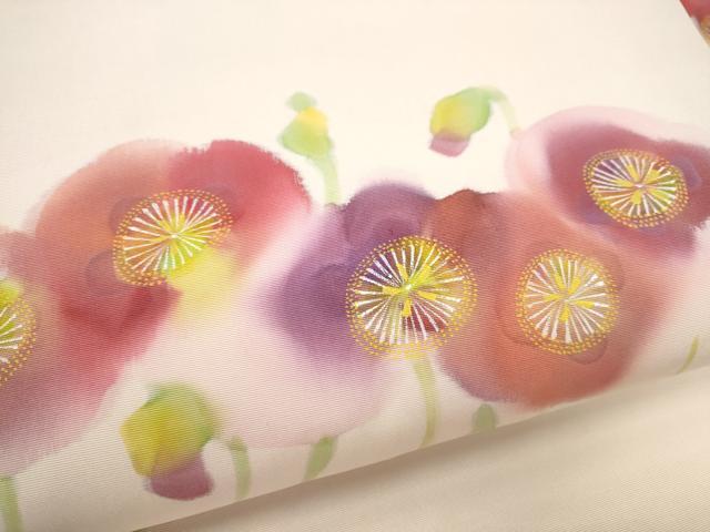 平和屋着物●東京友禅　熊谷好博子　塩瀬　九寸名古屋帯　手描き　草花文　金銀彩　正絹　逸品　CABK5675hy