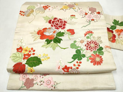 平和屋着物●アンティーク　大正ロマン　九寸名古屋帯　総手刺繍　枝花文　金銀糸　正絹　逸品　CABK5686hy
