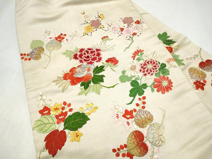 平和屋着物●アンティーク　大正ロマン　九寸名古屋帯　総手刺繍　枝花文　金銀糸　正絹　逸品　CABK5686hy