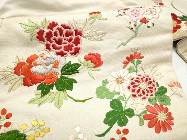 平和屋着物●アンティーク　大正ロマン　九寸名古屋帯　総手刺繍　枝花文　金銀糸　正絹　逸品　CABK5686hy