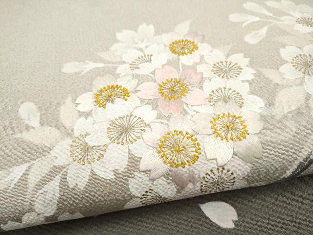 平和屋着物●中国三大刺繍　相良刺繍　枝桜文　金彩　鬼しぼ縮緬　名古屋帯　正絹　逸品　CABK5691hy