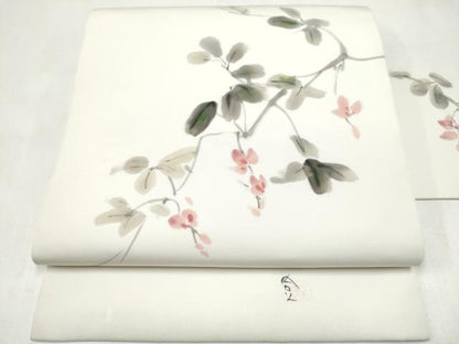 平和屋着物●本加賀友禅作家　成竹登茂男　塩瀬　九寸名古屋帯　手描き　枝花文　正絹　逸品　CABK5697hy