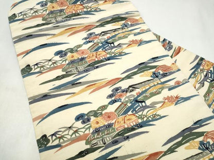 平和屋着物●九寸名古屋帯　紬地　型染め　風景文　正絹　逸品　CABK5699hy