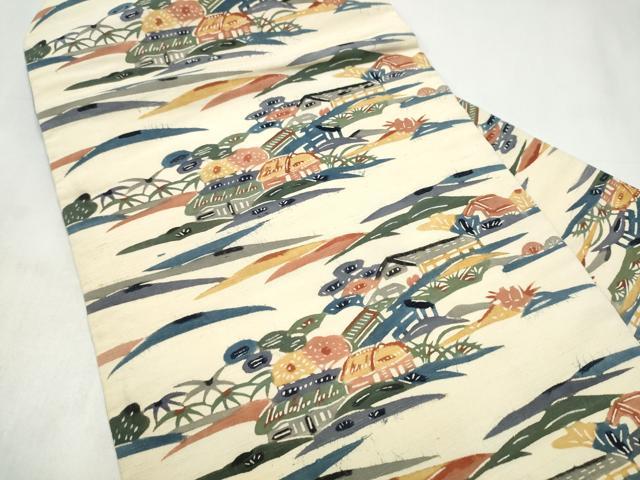 平和屋着物●九寸名古屋帯　紬地　型染め　風景文　正絹　逸品　CABK5699hy