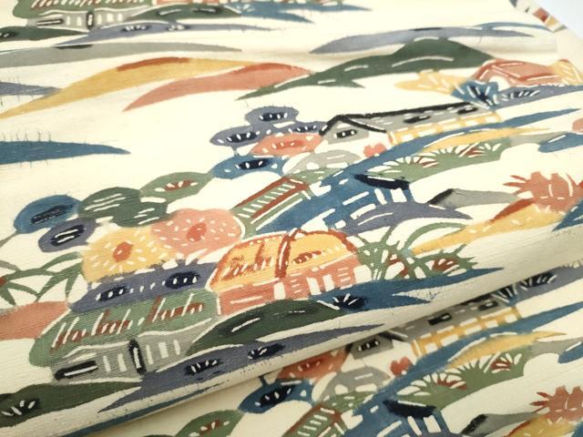 平和屋着物●九寸名古屋帯　紬地　型染め　風景文　正絹　逸品　CABK5699hy