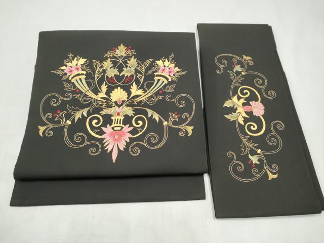 平和屋着物●塩瀬　つけ帯　駒刺繍　更紗花文　黒地　金彩　正絹　逸品　CABK5708hy