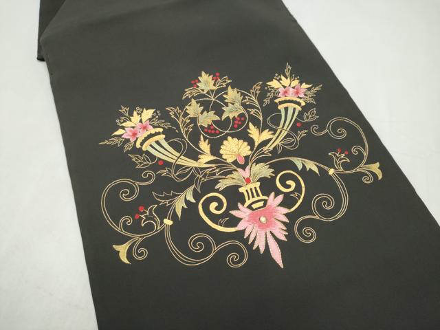 平和屋着物●塩瀬　つけ帯　駒刺繍　更紗花文　黒地　金彩　正絹　逸品　CABK5708hy