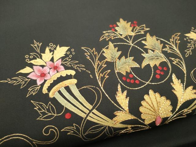 平和屋着物●塩瀬　つけ帯　駒刺繍　更紗花文　黒地　金彩　正絹　逸品　CABK5708hy