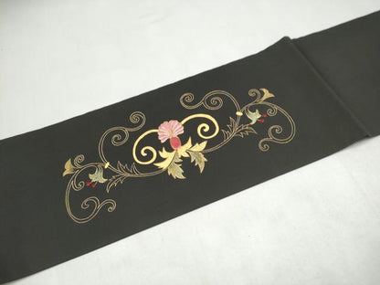平和屋着物●塩瀬　つけ帯　駒刺繍　更紗花文　黒地　金彩　正絹　逸品　CABK5708hy