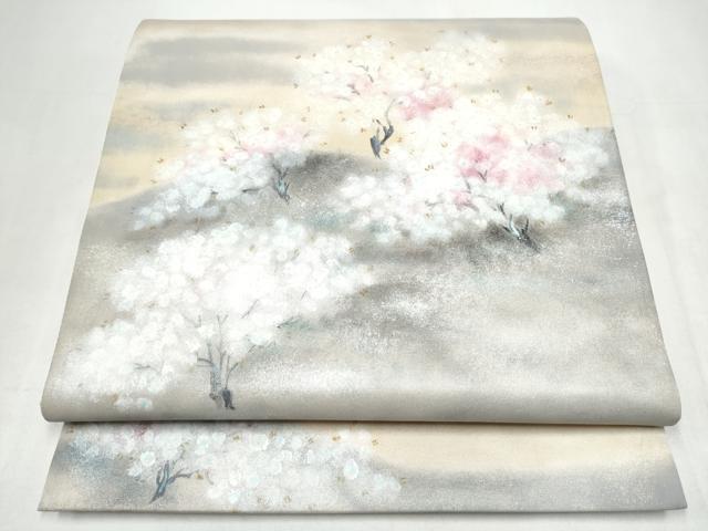 平和屋着物●太鼓柄袋帯　手描き　枝花文　銀糸　正絹　逸品　CABK5726hy
