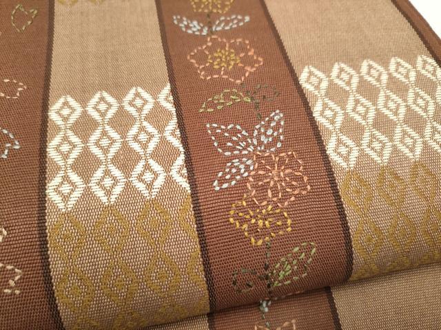 平和屋着物●六通柄袋帯　刺し子　草花間道　正絹　逸品　CABK5741hy